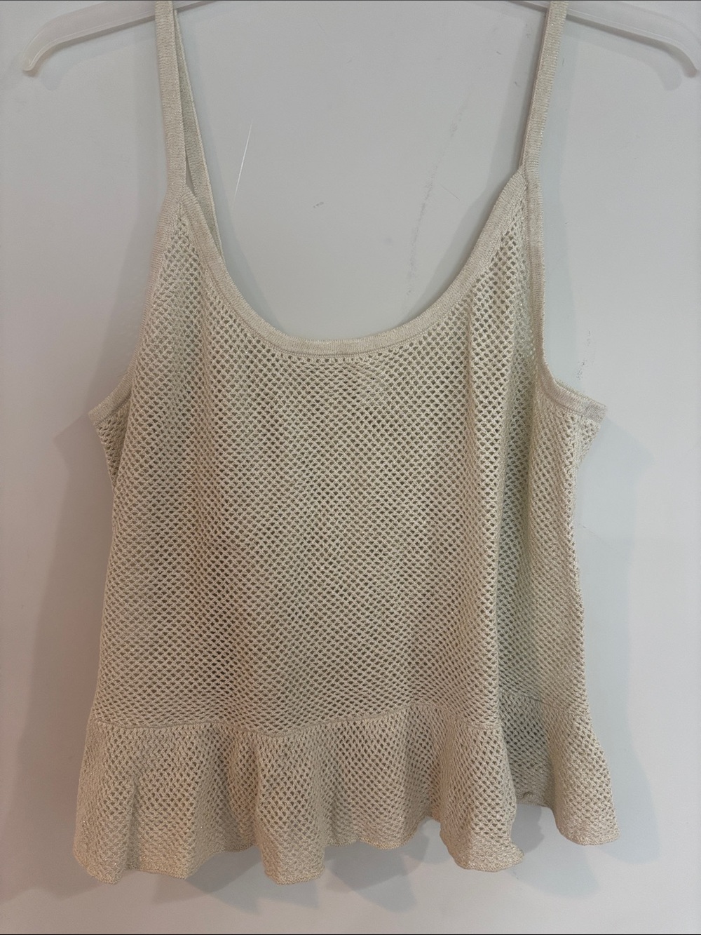Women’s metallic Cream Mesh Ruffle-Hem Tank Top